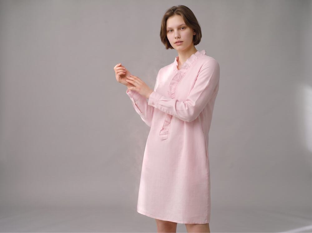 Anlu XL Womens Cotton Linen Ruffle V Neck Tunic Dress Long Sleeve Pink NWT